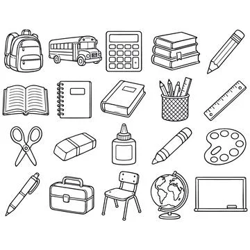 Set of Various School Supplies and Classroom Equipment Line Art Icons 库存插图
