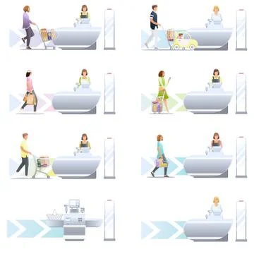 Set of various shopping in store vector flat illustration. Collection of Stock Illustration
