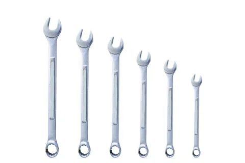 Set of various sizes chrome wrenches on isolated white Foto stock