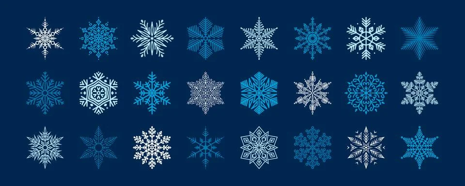Set of various snowflakes, featuring abstract geometric elements Stock Illustration