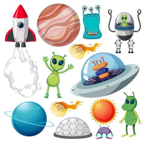 Set of various space objects on white background Illustrazione stock