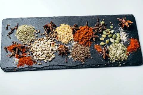 Set of various spices on a gray background top view Stock Photos