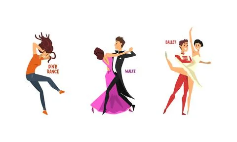 Set of Various Styles of Dancing, Professional Dancers Performing Ballet, Waltz 스톡 일러스트
