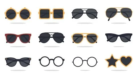 Set of various sunglasses with colorful frames and trendy styles. Stock Illustration