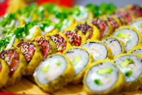 Set of various sushi close up as background Stock Photos
