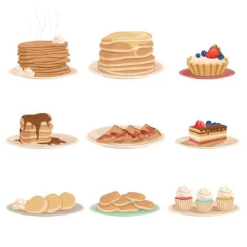 Set with various sweet desserts stack of pancakes, cupcakes, cake, fritters and Stock Illustration