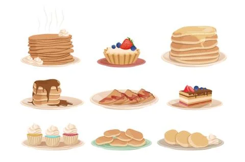 Set with various sweet desserts stack of pancakes, cupcakes, cake, fritters and Stock Illustration
