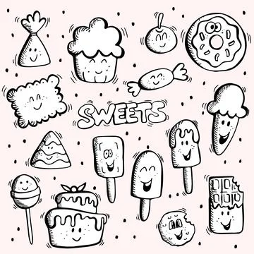 Set of various sweets doodles illustrations. Vector hand drawn simple sweets and Stock Illustration