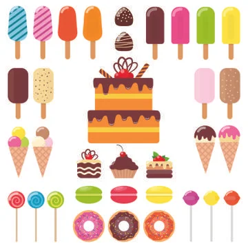 Set of various sweets. Ice cream, cake, cake, donut, macaroon, Lollipop, cand Stock Illustration