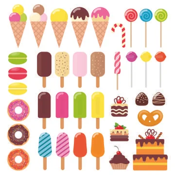 Set of various sweets. Ice cream, cake, cake, donut, macaroon, Lollipop, cand Stock Illustration