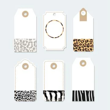 Set of various tags, labels with trendy animals skin patterns, vector illustr Illustrazione stock
