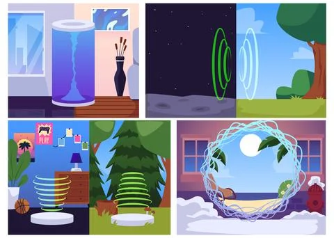 Set of various teleports in different spaces flat style, vector illustration Stock Illustration