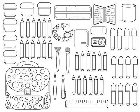 Set of various things for school. Gouache, wax crayons, aquarelle, notebook Stock Illustration