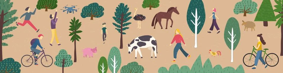 Set of various tiny people and farm animals Farmland banner template. Cartoon Stock Illustration