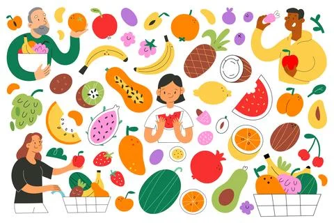 Set of various tiny people with different food and products isolated on white Stock Illustration