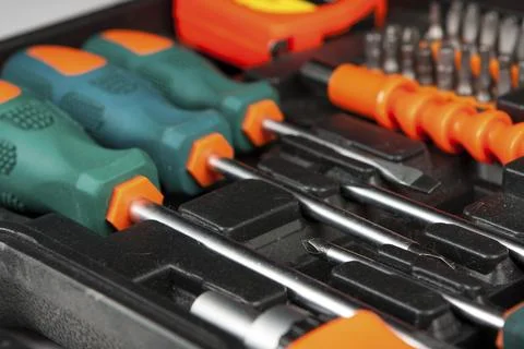Set of various tools in black box Stock Photos