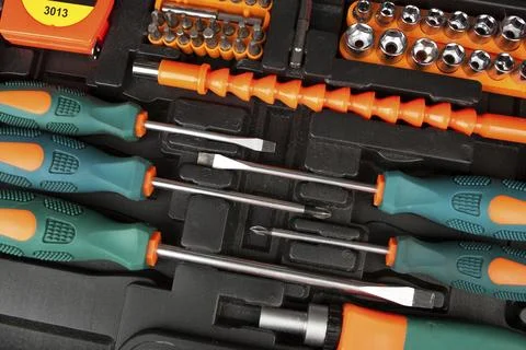 Set of various tools in black box Stock Photos