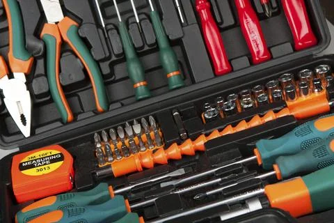 Set of various tools in black box Stock Photos