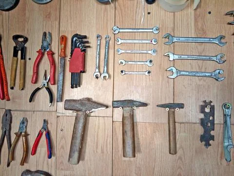 Set with various tools - patent, hammer, pliers, adjustable wrenches and othe 库存照片