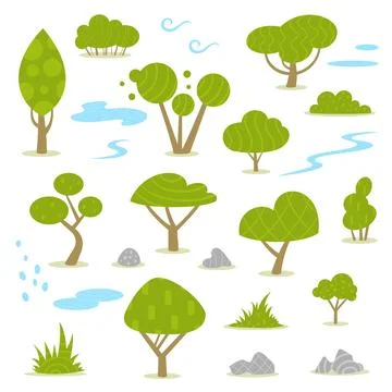 Set of various trees bushes grass water and stones assets for landscape design Stock Illustration
