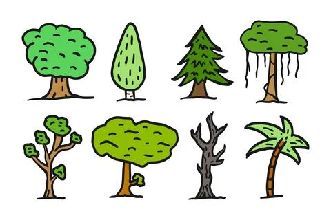 Set of various trees, oak, birch, spruce, acacia, dried dead tree, palm, willow Stock Illustration