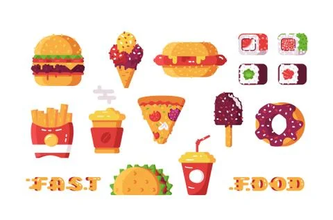 Set of various type of fast food Stock Illustration