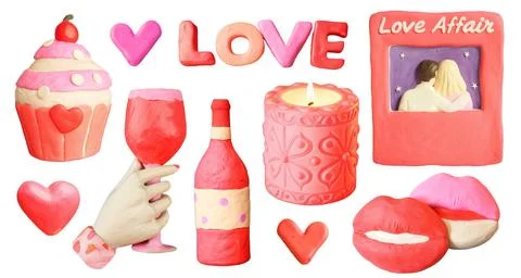 Set various Valentine's day elements in a plasticine style. Pink and red clay 3D Stock Photos