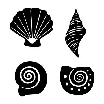 Set of various vector black seashells and starfish isolated on white background Stock Illustration