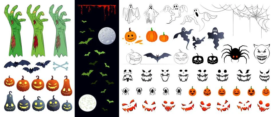 A set of various vector drawings for Halloween: pumpkins, ghosts, zombie hand Stock Illustration
