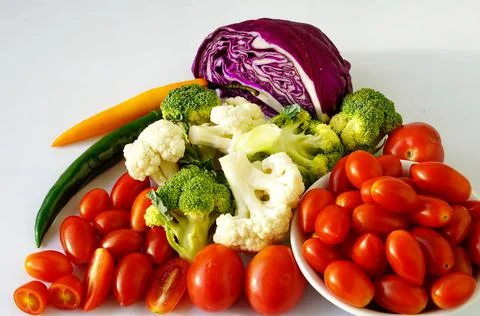 Set of various vegetables. Broccoli, cauliflower, red cabbage, tomatoes, pepp Stock Photos