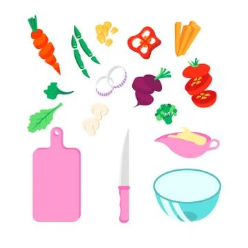 Set of various vegetables, cut board, knife, glass bowl, gravy boat with sause Stock Illustration