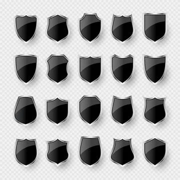 Set of various vintage 3d shield icons. Black heraldic shields. Protection and Stock Illustration