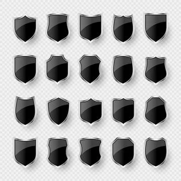 Set of various vintage 3d shield icons. Black heraldic shields. Protection and Stock Illustration