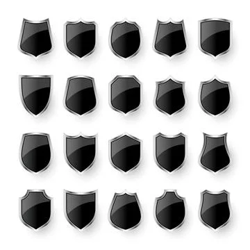 Set of various vintage 3d shield icons. Black heraldic shields. Protection and Stock Illustration