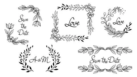 Set of various wedding frames. Marriage decorations with pretty stylized fl.. Illustrazione stock