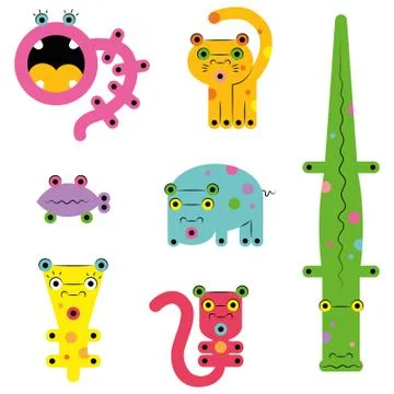 Set of various weird cute bright cartoon сreatures animals monsters Illustrazione stock