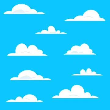 Set of various white cartoon clouds on blue background Ilustração Stock