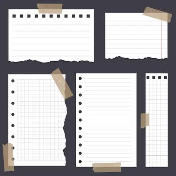 Set of various white note papers with curled corner, pinned pushbutton Stock Illustration