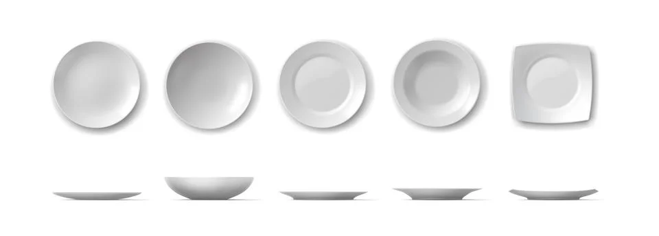 Set of Various White Plates on Plain Background Stock Illustration