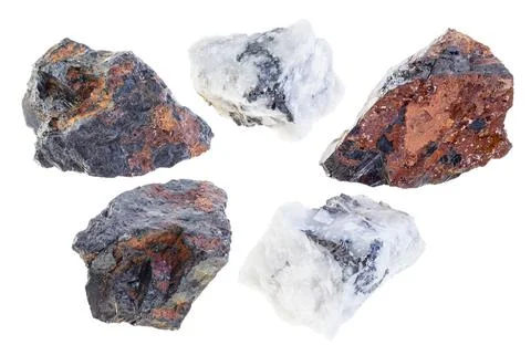 Set of various wolframite stones cutout on white Stock Photos