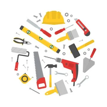 Set of various working tools in circle shape. Building and repairing theme. Ilustración de archivo