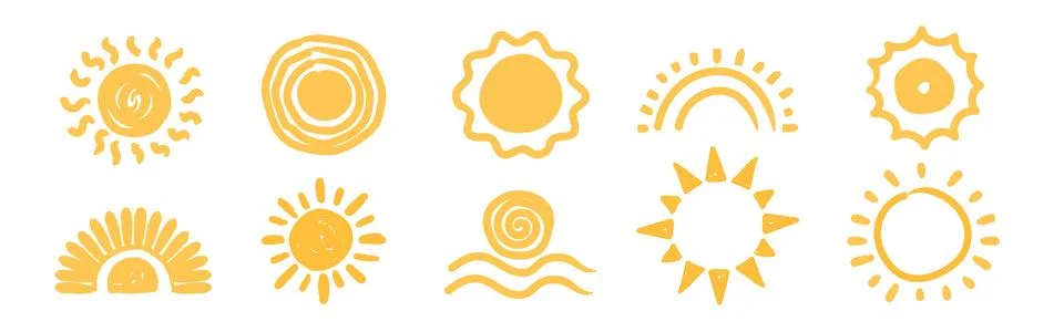 Set of various yellow sun illustrations in abstract doodle style. Childlike.. Stock Illustration