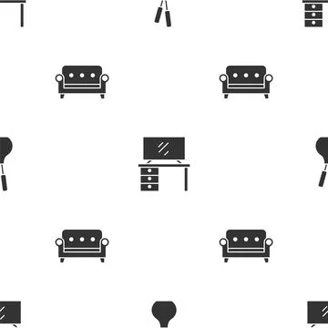Set Vase, TV table stand and Sofa on seamless pattern. Vector Illustrazione stock
