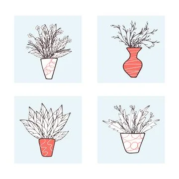 Set of vases with bunch of flowers in doodle style. Vector illustration. Illustration