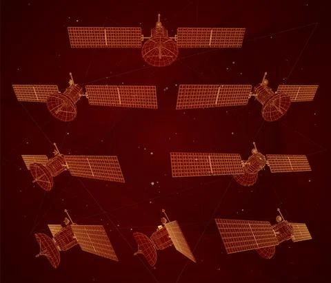 Set of vector 3d communication and communication satellites on color backgrou Stock Illustration