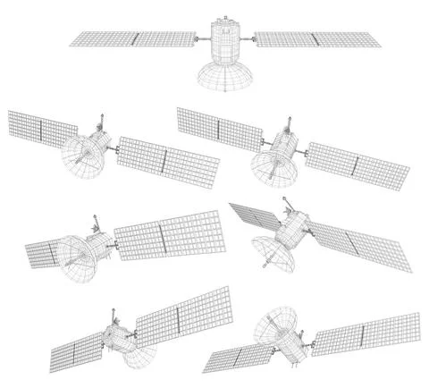 Set of vector 3d communication and communication satellites on white backgrou Stock Illustration