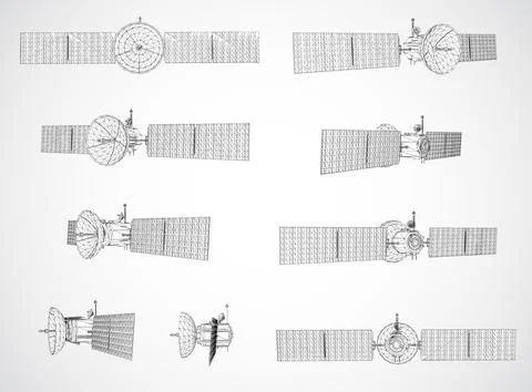 Set of vector 3d communication and communication satellites on white backgrou Stock Illustration