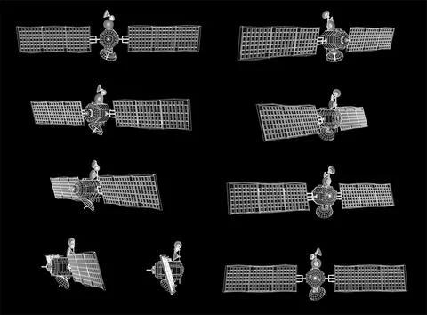 Set of vector 3d communication and communication satellites on black backgrou Stock Illustration