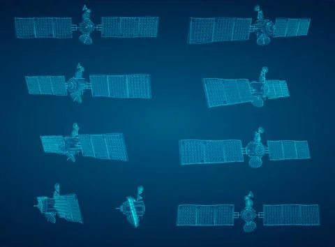 Set of vector 3d communication and communication satellites on blue backgroun Stock Illustration