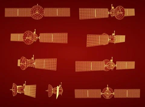 Set of vector 3d communication and communication satellites on color backgrou Stock Illustration